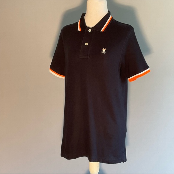 Psycho Bunny Polo Shirt Men’s Small Navy Pima Cotton Orange Trim Skull Logo - Picture 11 of 16